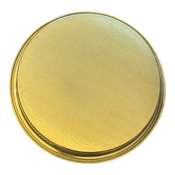 Vintage Ornate Gold-Plated Brass Round Tray 13" Serving Platter W Filigree Sides - Picture 4 of 8